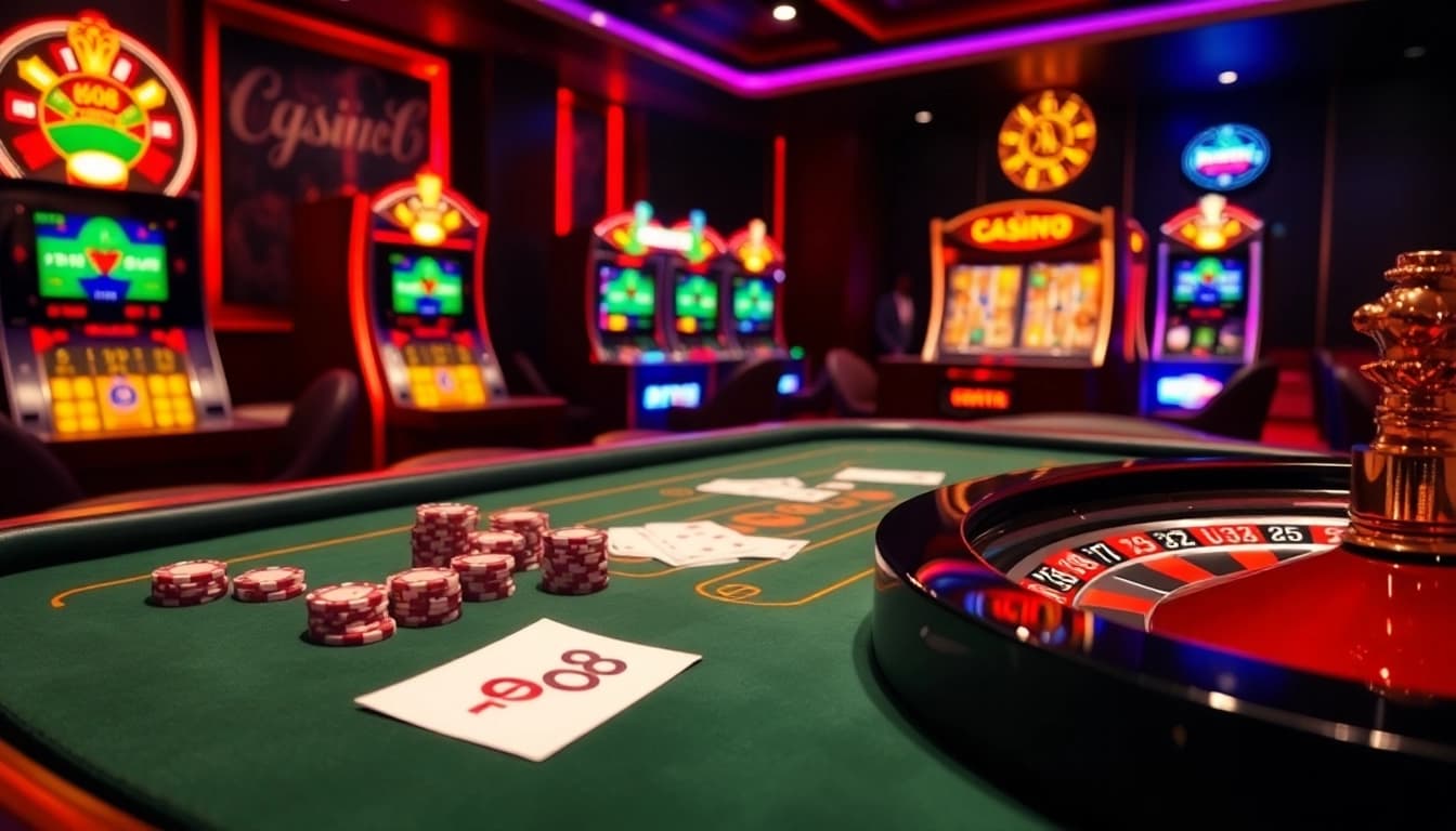 Go8 casino scene featuring poker chips and a roulette wheel in an elegant setting.