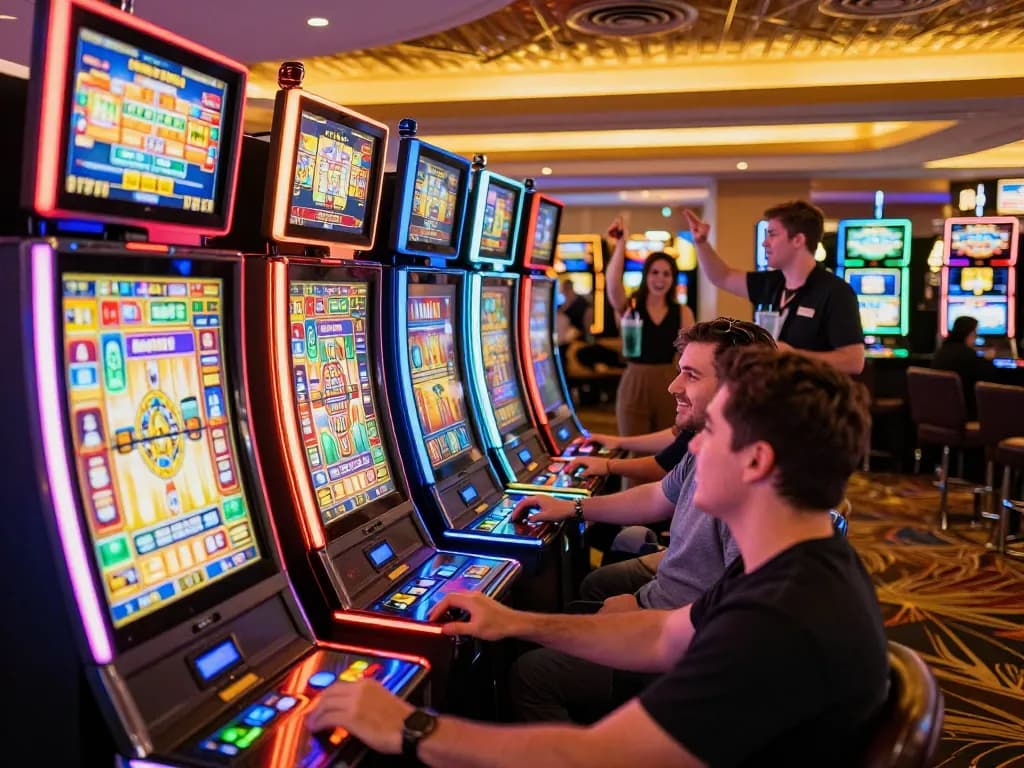 Players enjoying vibrant slot machines in a lively casino scene showcasing sc88 gaming excitement