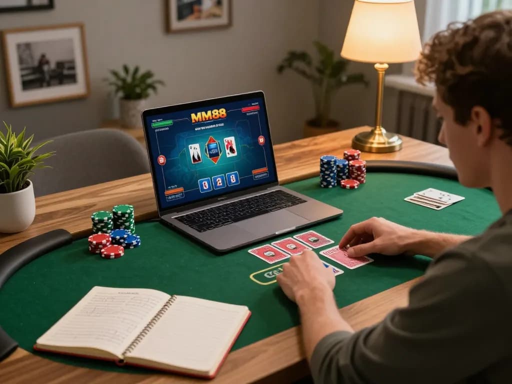 Player immersed in MM88 online poker game at home, showcasing strategy notes and gaming setup