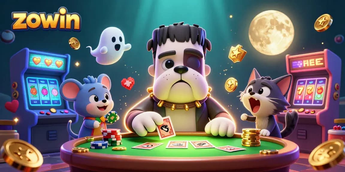 Zowin showcases a lively casino scene with a Frankenstein bulldog and games, epitomizing thrilling gambling action.