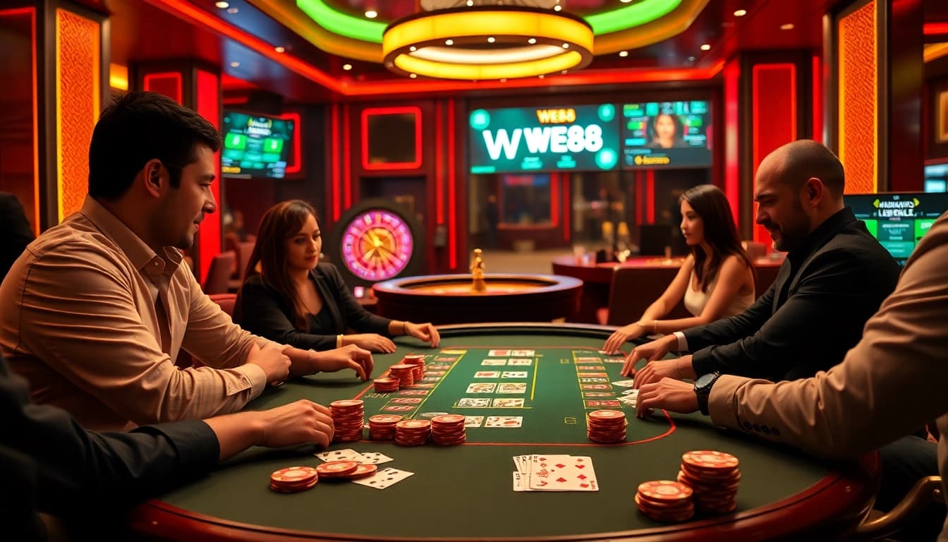 WE88 poker table with engaged players in a high-stakes casino atmosphere filled with excitement.