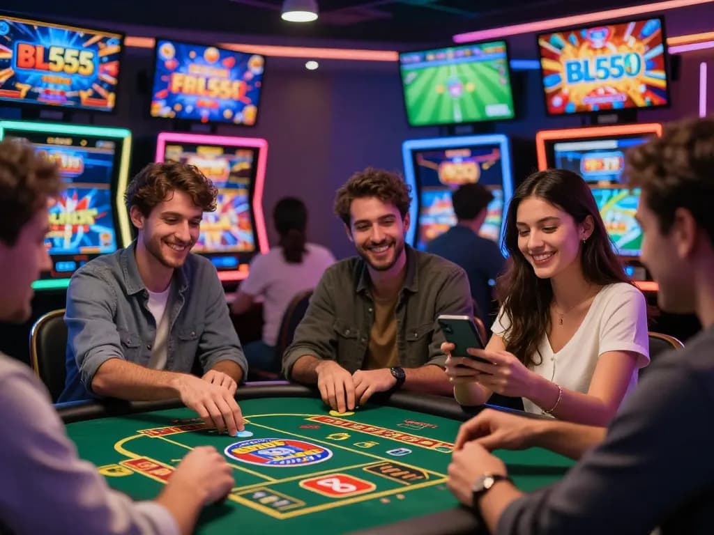 Engaged players enjoying the thrilling online gaming experience with BL555, featuring vibrant casino games on screen.
