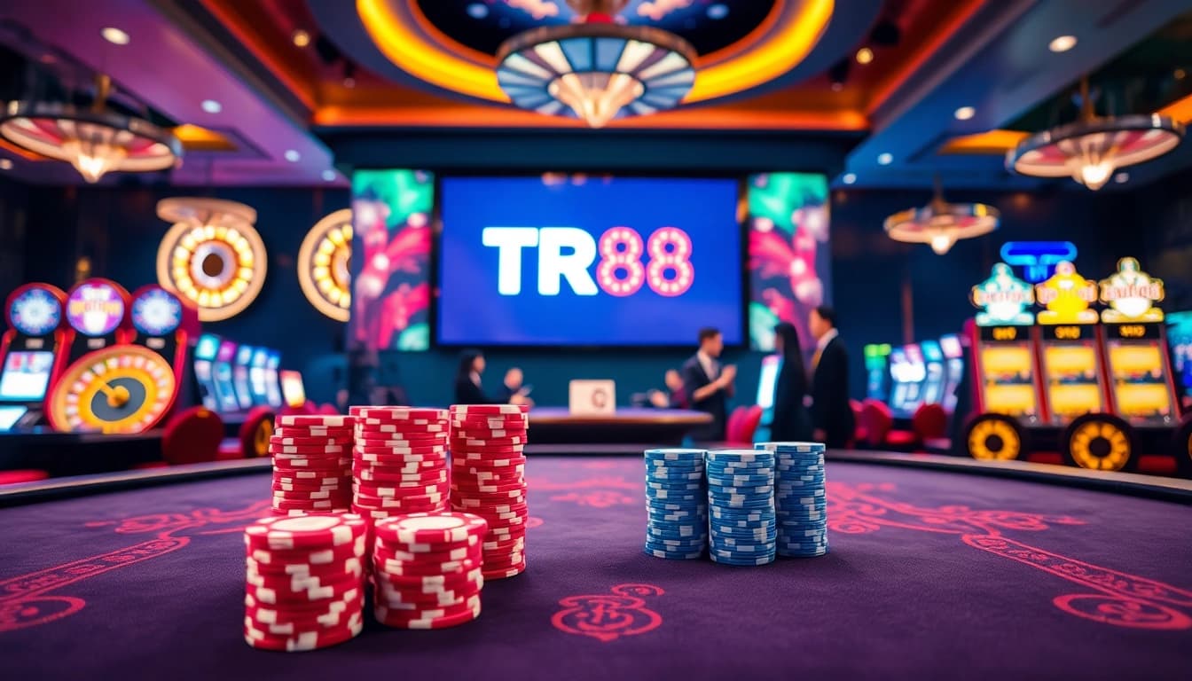 Play engaging casino games at TR88, featuring poker chips and live table action.