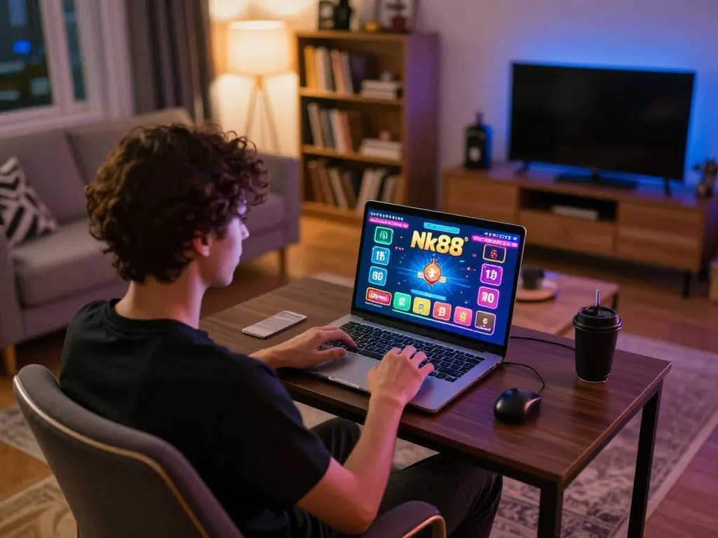 Engaging online gaming experience at home with Nk88 platform interface displayed creatively