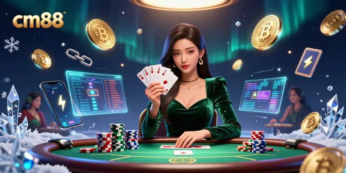 Engage with cm88's vibrant gaming scene featuring a beautiful poker player and crypto elements.