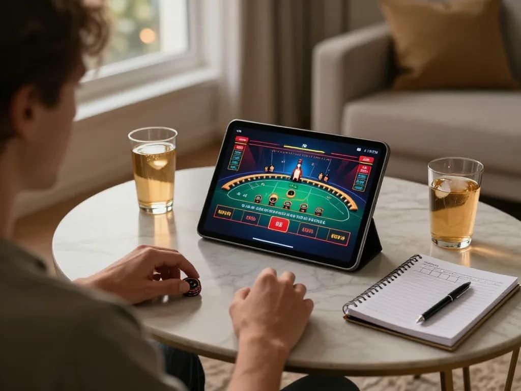 13win player enjoying live dealer games on tablet with strategic notes in a cozy home setting.