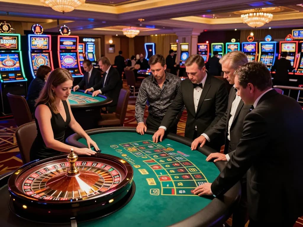 Alo8 gaming enthusiasts placing bets at a lively roulette table in an upscale casino.