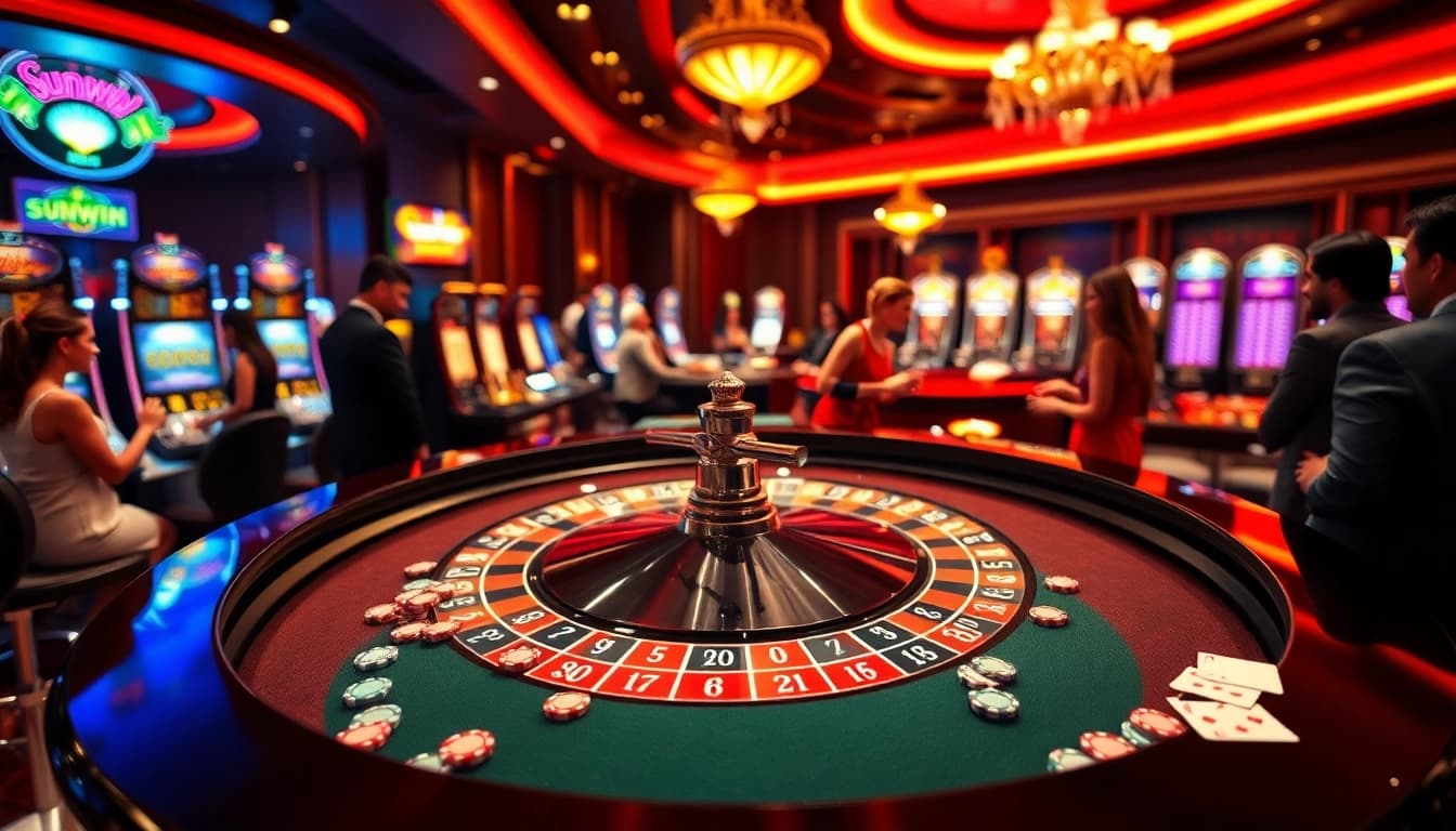 sunwin-branded roulette table surrounded by excited gamblers in a luxurious casino setting.