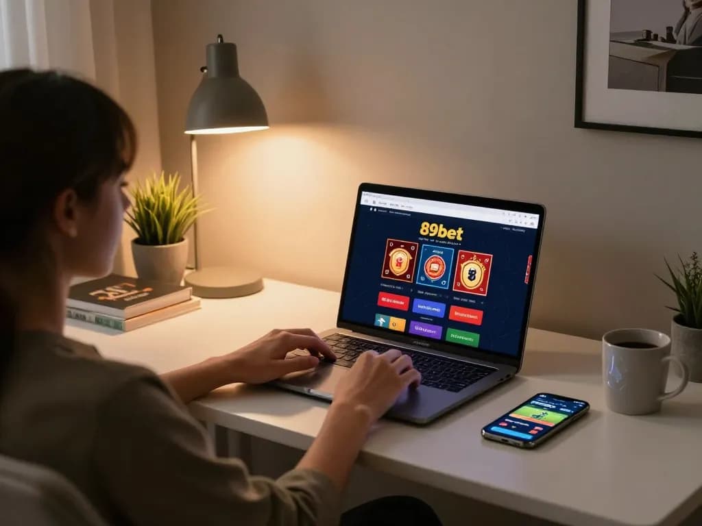 Engaging online gaming scene featuring 89bet casino interface on laptop, showcasing poker action.