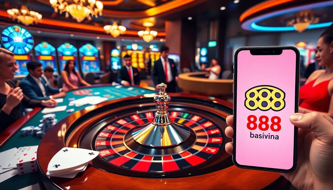 Exciting casino scene at https://888vina.com/ with roulette and slot machines, showcasing vibrant gambling action.
