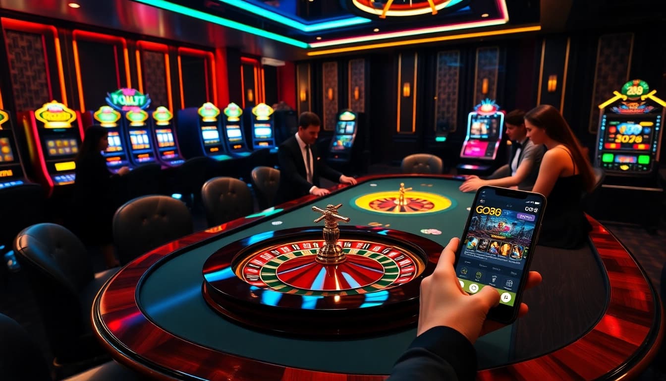 Gamblers enthusiastically play at a Go8 themed casino table with vibrant atmosphere and luxurious feel.