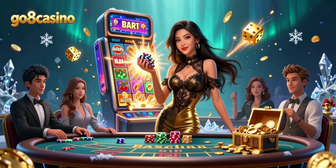 Engage in thrilling games at go8casino with a glamorous woman at a VIP baccarat table, dynamic casino atmosphere.