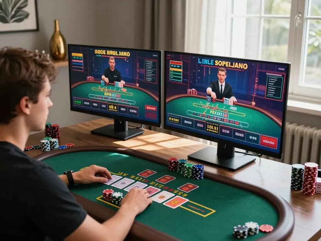Engaging with onbet live dealer blackjack, showcasing professional gaming setup and strategy