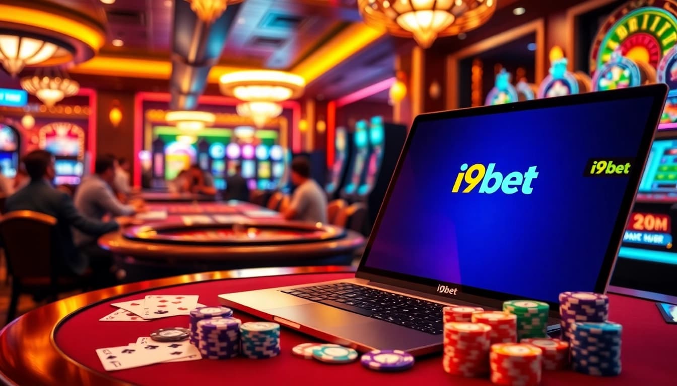 Play exciting casino games at i9bet with colorful poker chips and dynamic slot machines.