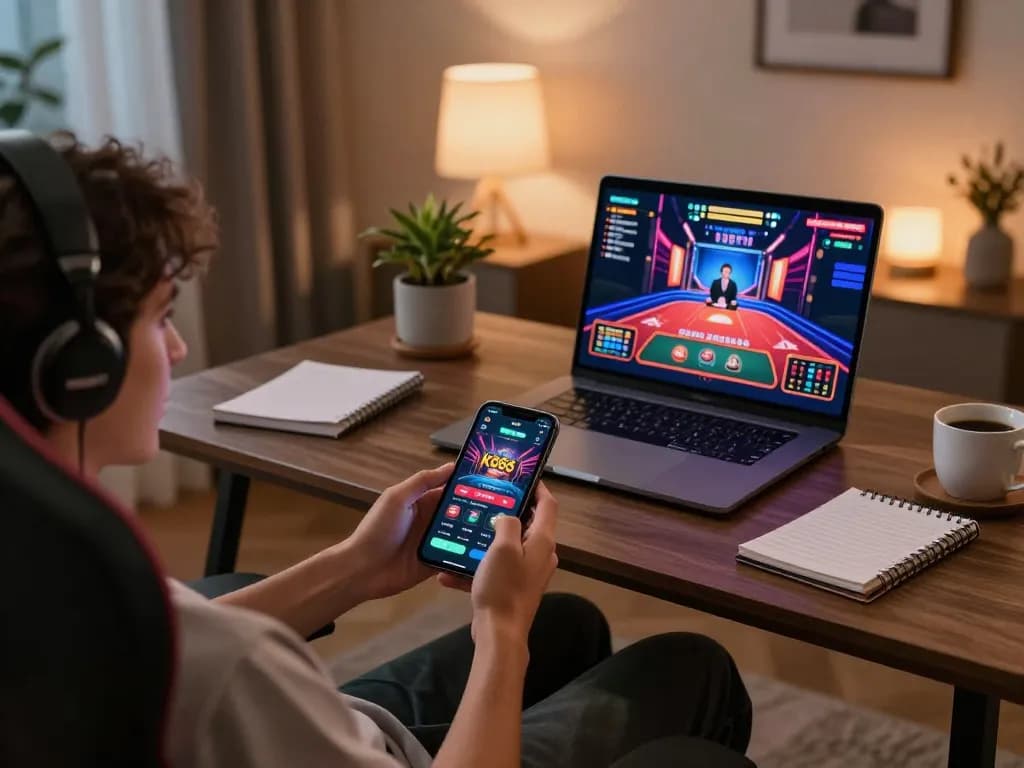 Player engaging with KO66 casino app on smartphone, showcasing an online gaming experience in a cozy home setup.