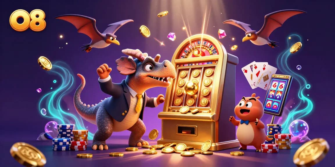 O8 captivates players as a pachycephalosaurus heads for jackpot coins from a golden slot machine.