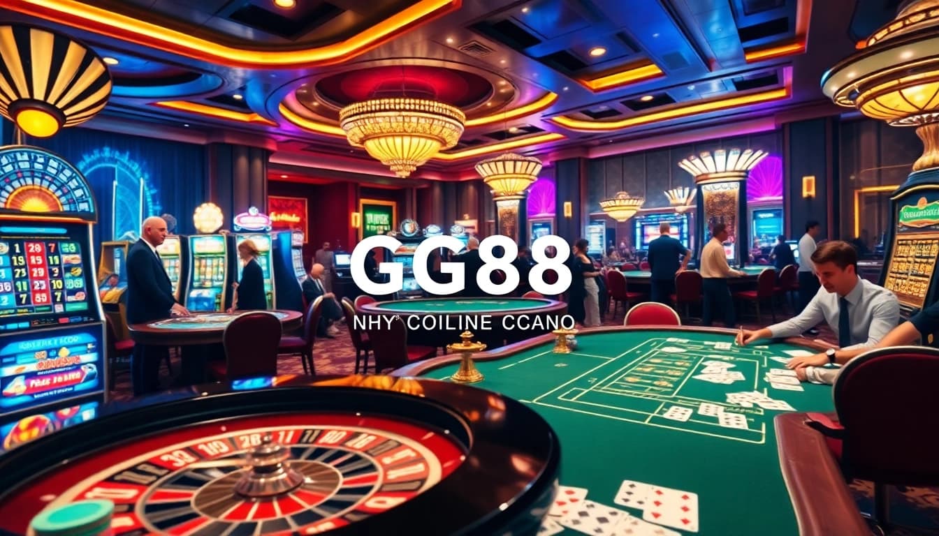 Players experiencing the thrill of NHÀ CÁI GG88 at an upscale casino, engaging with roulette tables and slot machines.