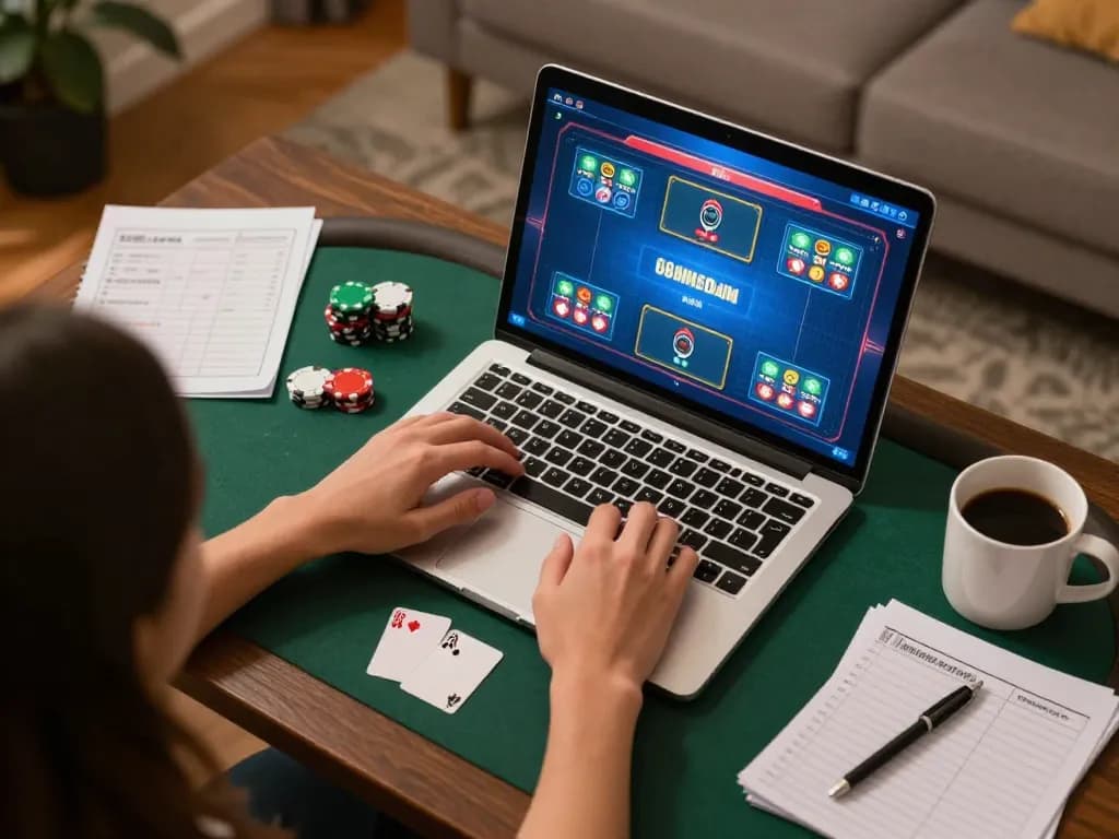 Engaging online poker game on laptop at home, showcasing 68gamebaivn for strategic gambling.