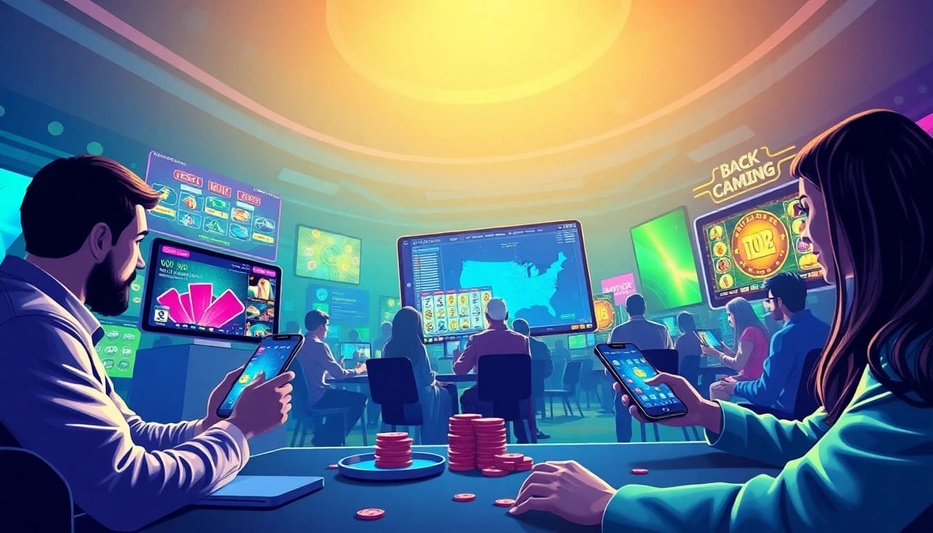 Exciting gaming scene showcasing Go88’s vibrant online casino games interface with players engaging across devices.