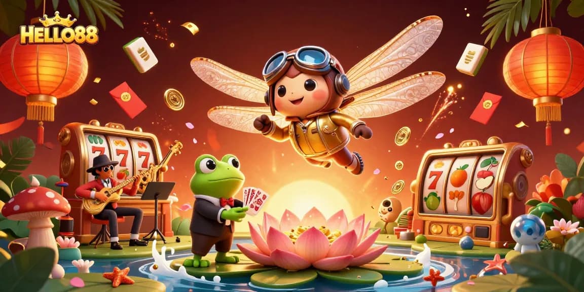 Play exciting games at HELLO88 with vibrant casino-themed imagery showcasing thrilling elements.