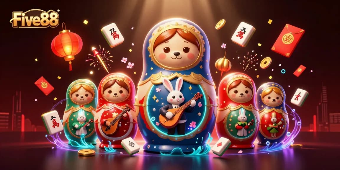 Experience the vibrant world of Five88 with a playful 3D illustration featuring delightful casino elements and characters.