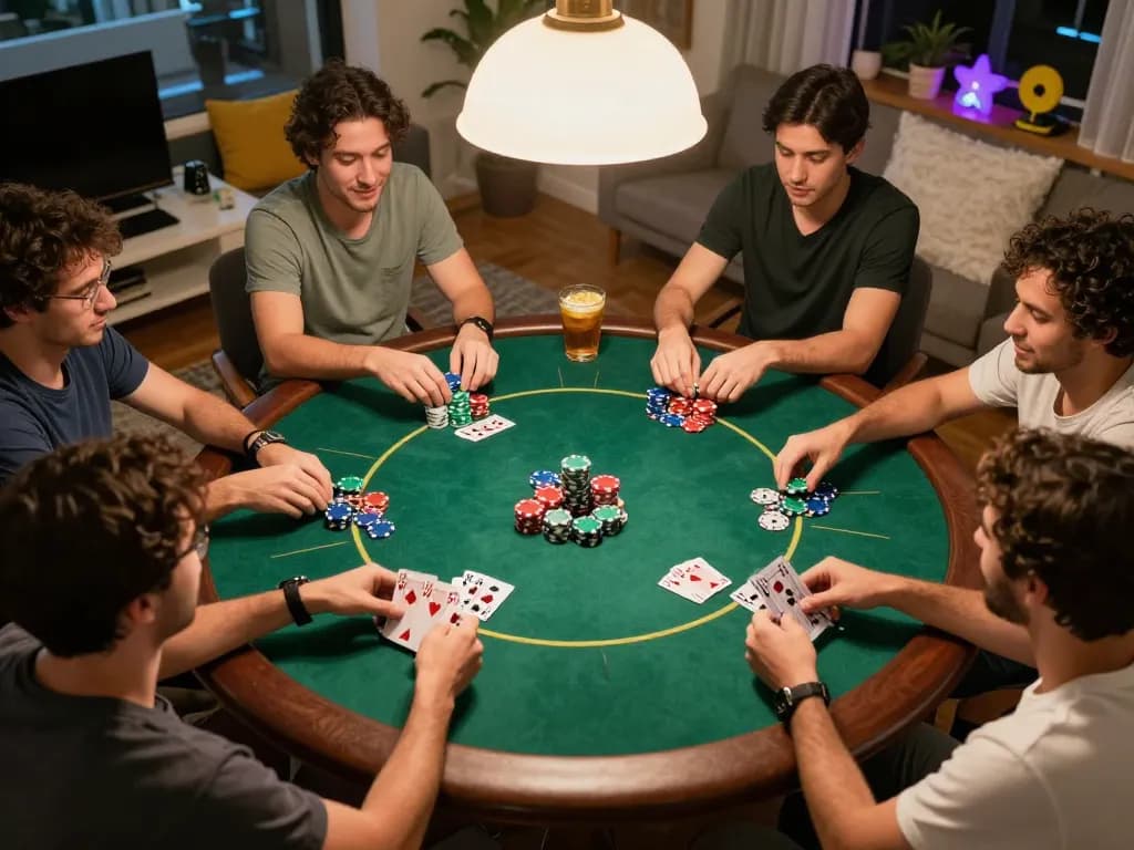 Players enjoying a lively home poker night at https://go8s.bio/, showcasing engaging gameplay with colorful chips and cards in a cozy atmosphere.