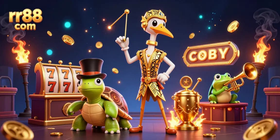 Spin the reels at rr88 com, showcasing vibrant casino elements and cartoon characters representing a lively gambling scene.