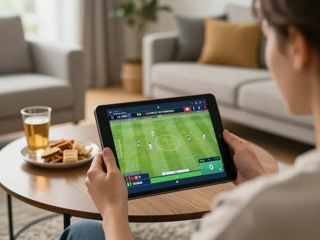 Engaging in football betting through a tablet in a cozy home setup, blending excitement and comfort.
