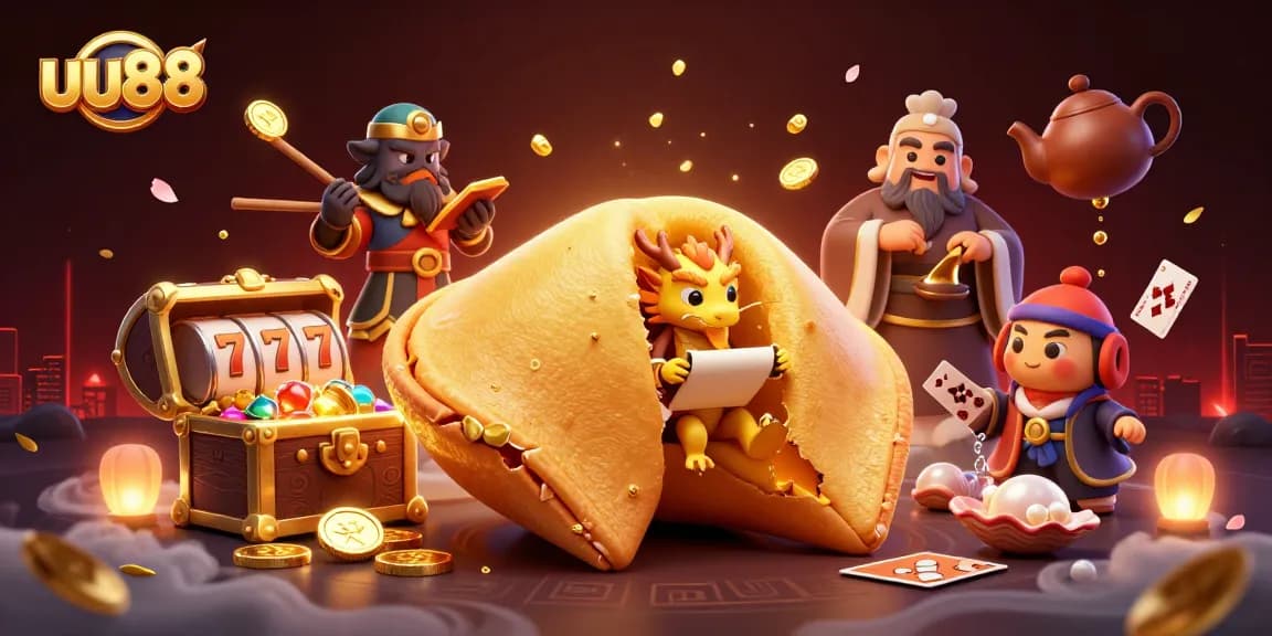 Engage with exciting uu88 slot reels as a golden fortune cookie reveals fortunes in a vibrant scene.