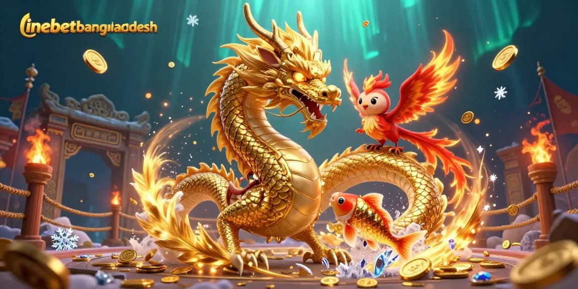 Engage in thrilling gameplay at linebetbangladesh, featuring vibrant dragon and phoenix amidst golden coins!