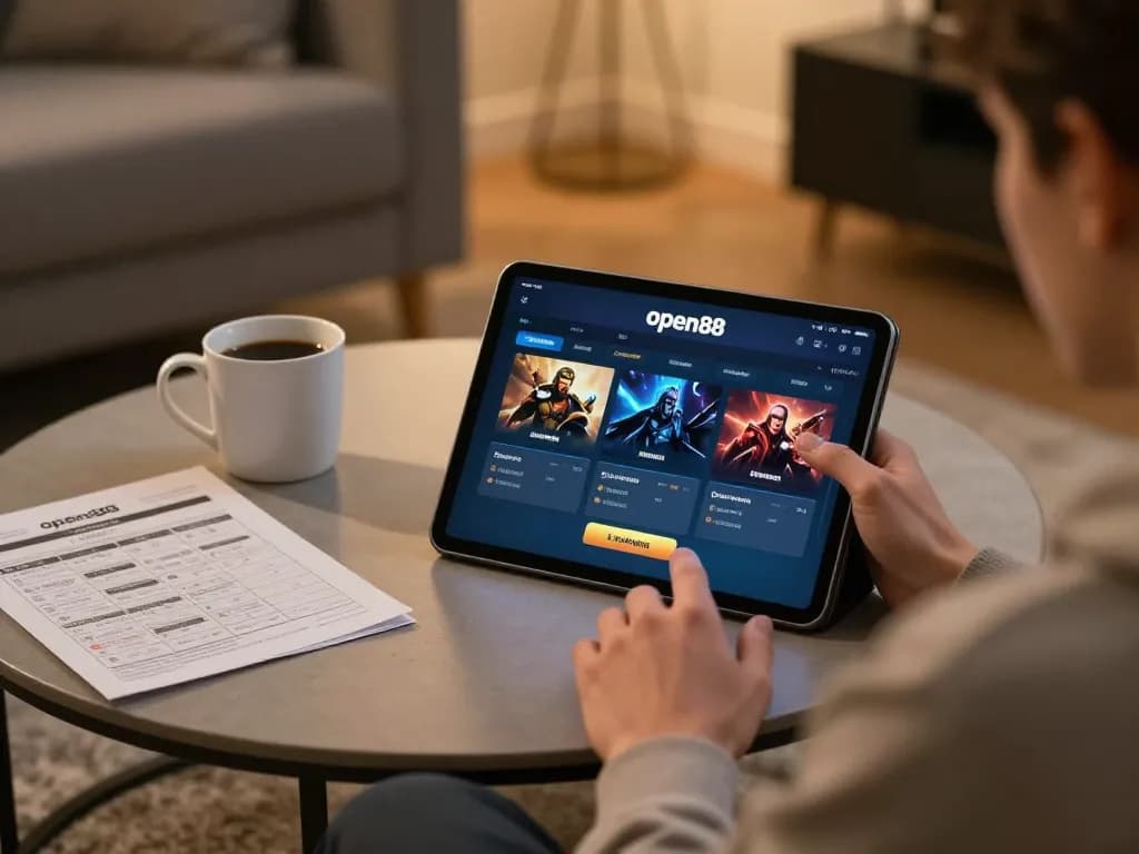 Player enjoying open88 online gaming on a tablet at home, vibrant atmosphere with cozy decor