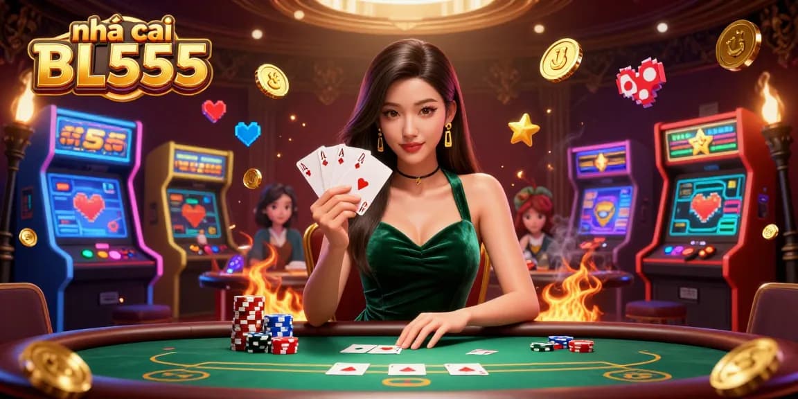 Experience the thrill at nhà cái BL555 with a stylish poker scene and dazzling game elements.
