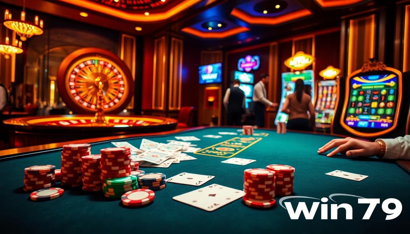 High-stakes gambling at Win79's luxurious casino table with poker chips and vibrant graphics.