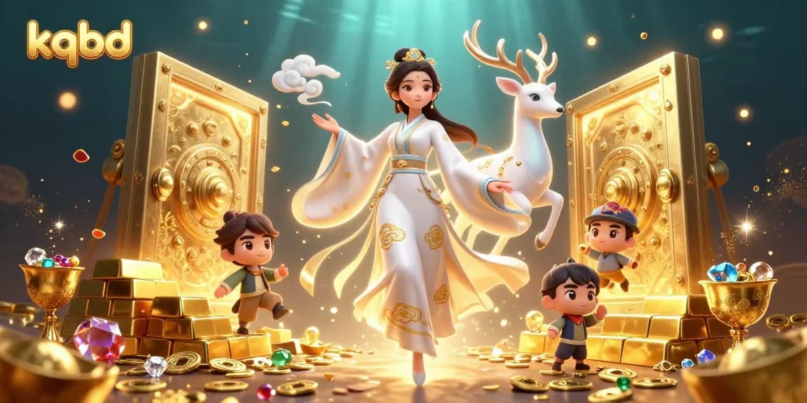 Experience excitement in kqbd with a dynamic 3D illustration featuring a beautiful Asian woman and treasures.