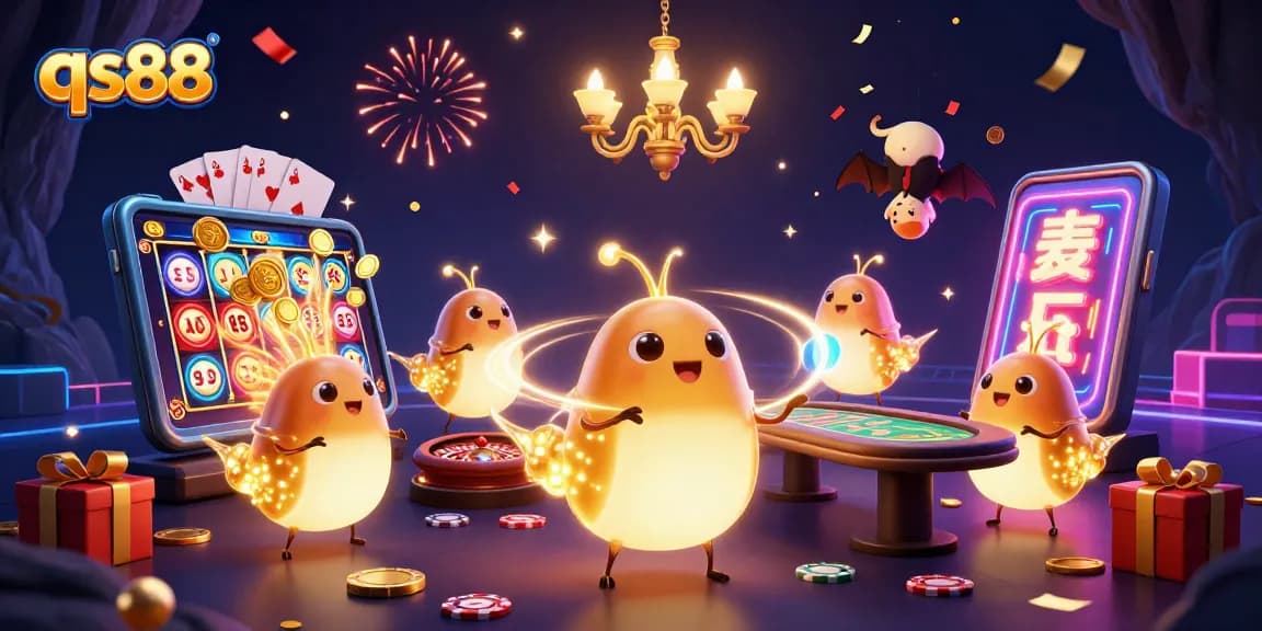 qs88 casino scene with glowworms and a bat dealer under colorful lights