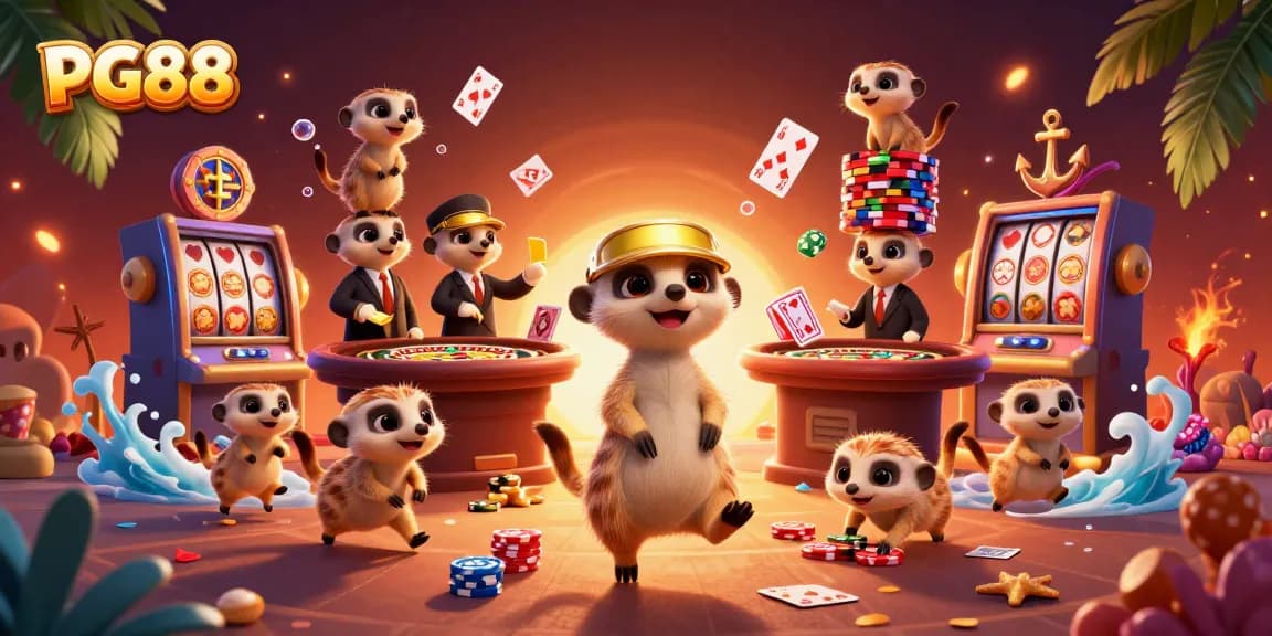 Experience the excitement of PG88 live casino, featuring playful meerkats managing card games and vibrant slots.