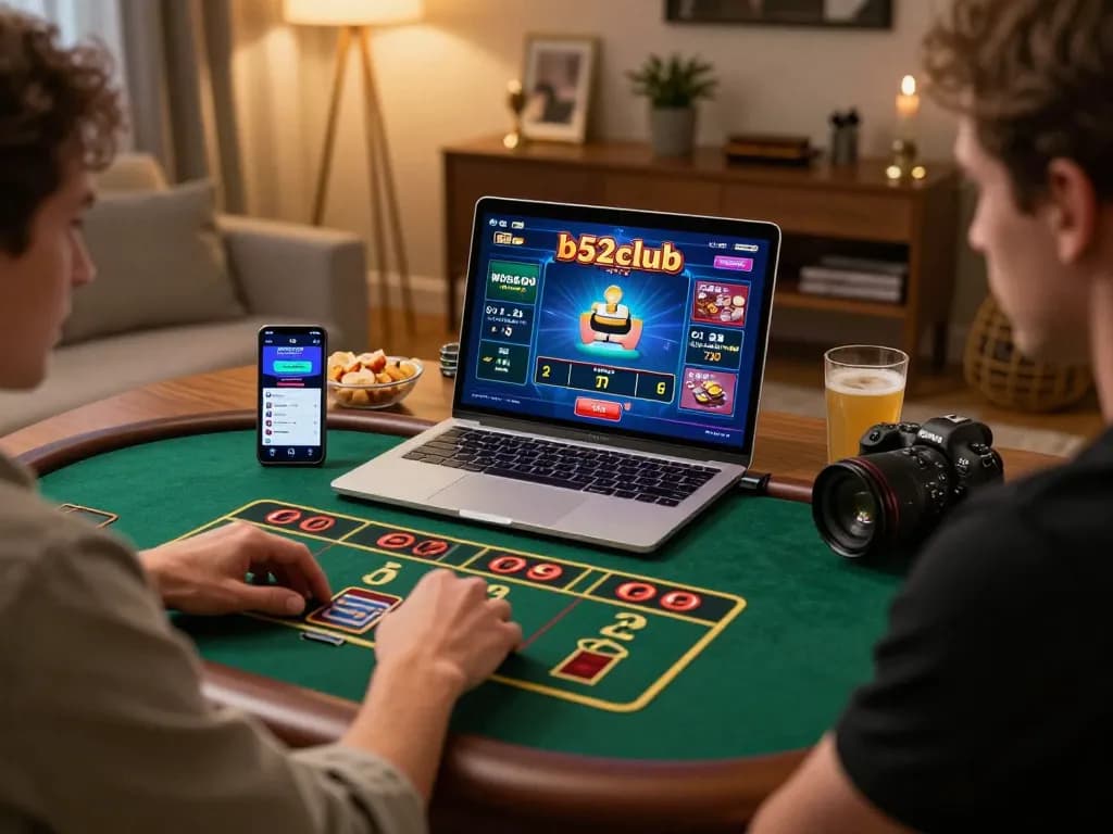 B52club player enjoying online casino gaming at home with laptop and smartphone.