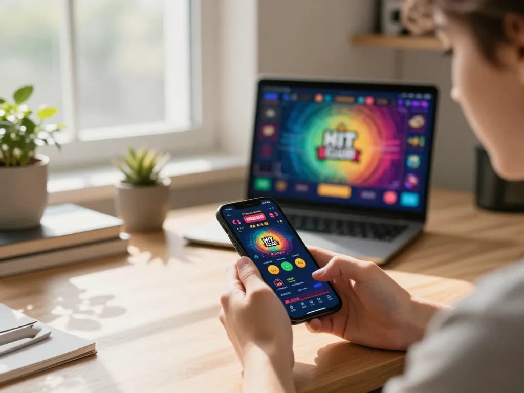 Engaging with the HIT CLUB casino app on smartphone in a stylish home environment