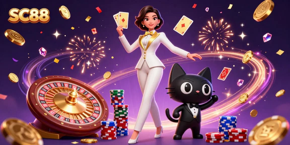 Engage with SC88 as a glamorous dealer shuffles cards beside a tuxedo cat amidst dazzling casino elements.