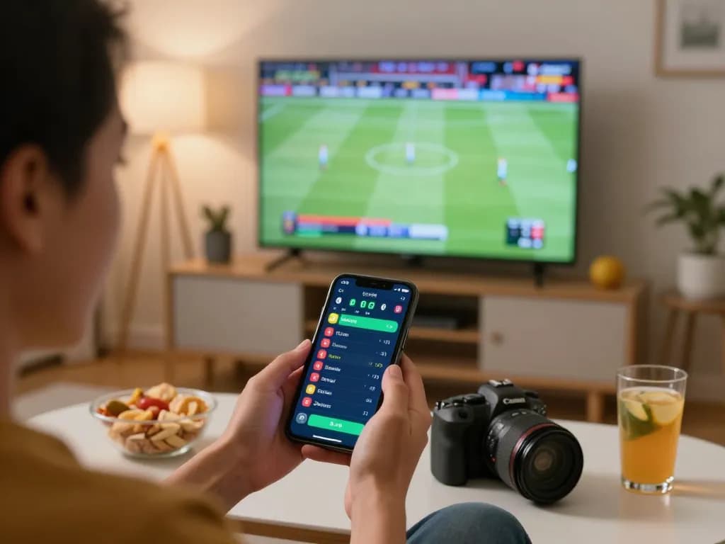 Person using F8BET on smartphone for sports betting while enjoying a game in a cozy living room