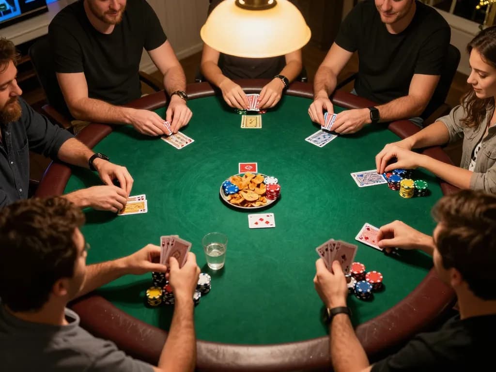 Players enjoy an exciting poker night at home, showcasing heartfelt moments of strategy and camaraderie with 555win.