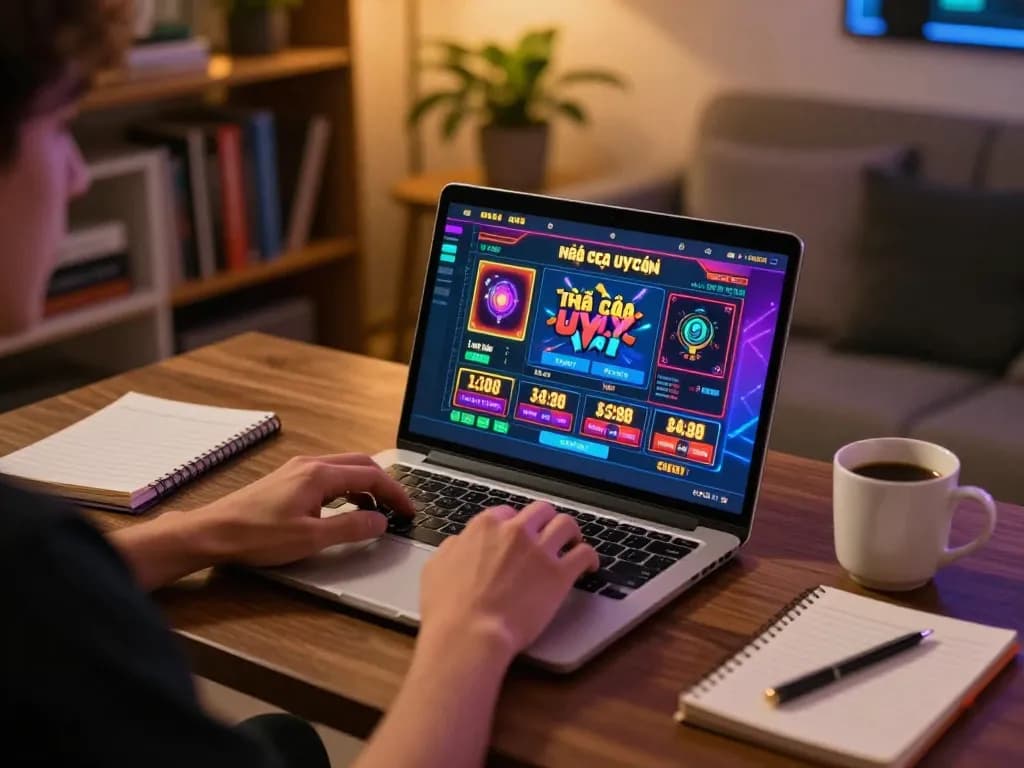 Enjoying online betting at nhà cái uy tín in a cozy home setting with laptop and notes