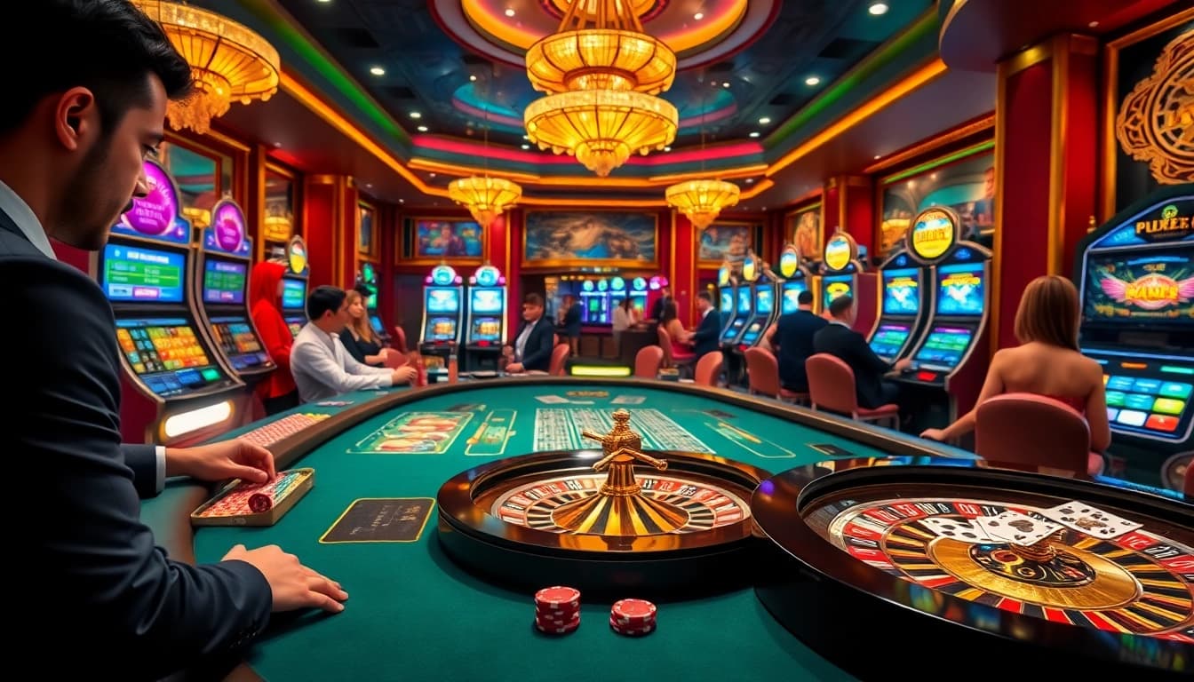 Engaging scene portraying luxurious gambling elements at https://pub88.in.net/, showcasing a vibrant gaming table with roulette, cards, and chips.