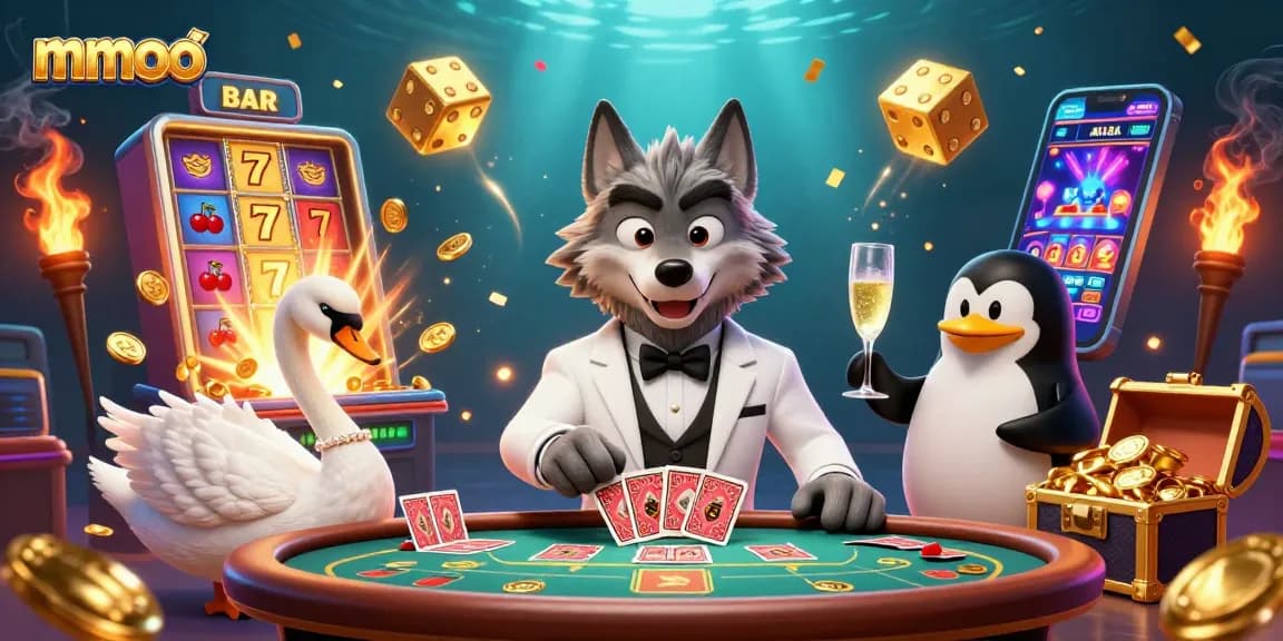 Join the mmoo excitement with a lively baccarat table featuring a debonair wolf and elegant characters.