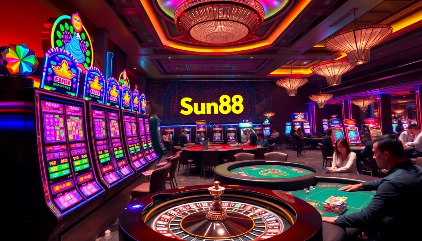 Experience the thrill of gambling at Sun88's vibrant casino scene, featuring slot machines and poker tables.
