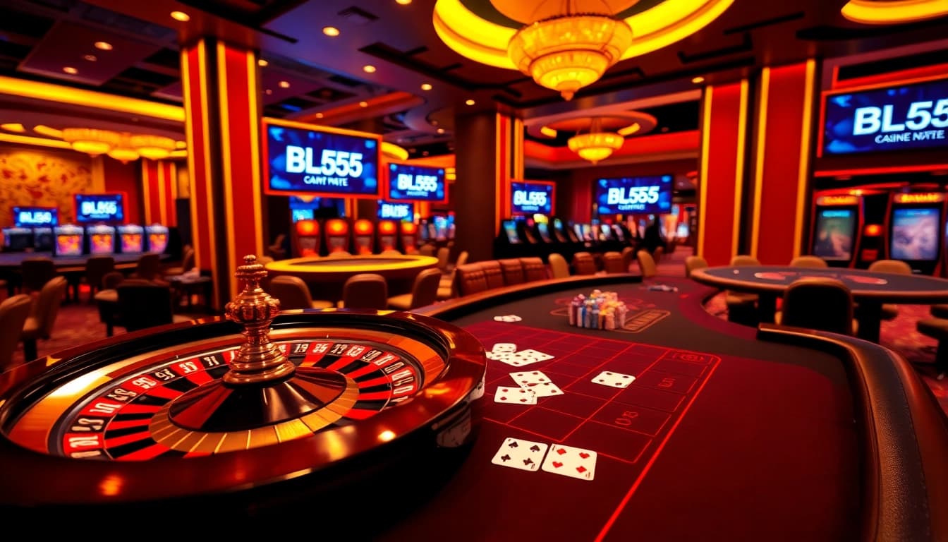 Exciting casino scene highlighting BL555 with roulette and poker elements in a luxurious setting.