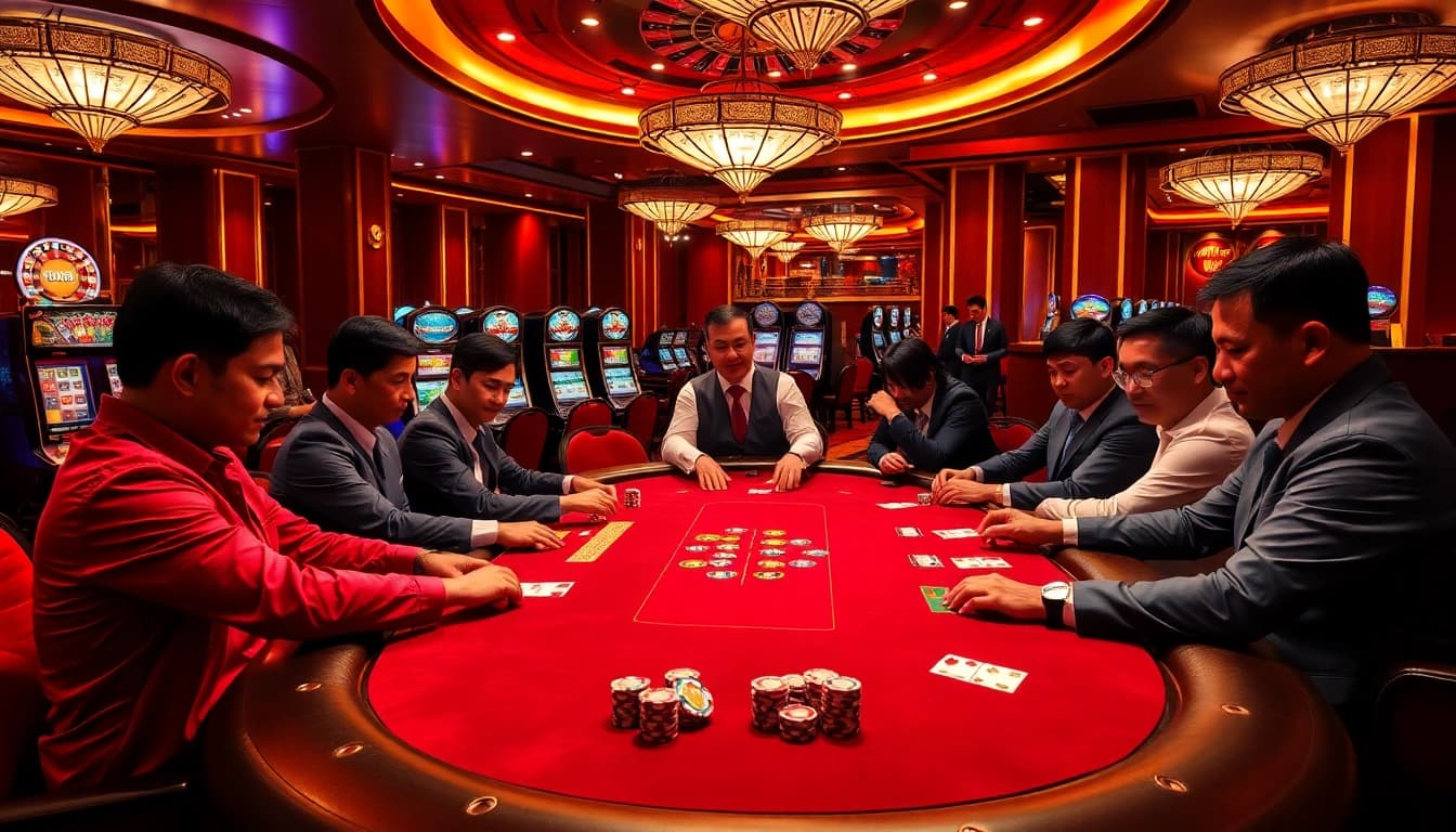 Excitement at u888 casino with players engaging in high-stakes poker and vibrant slot machines.