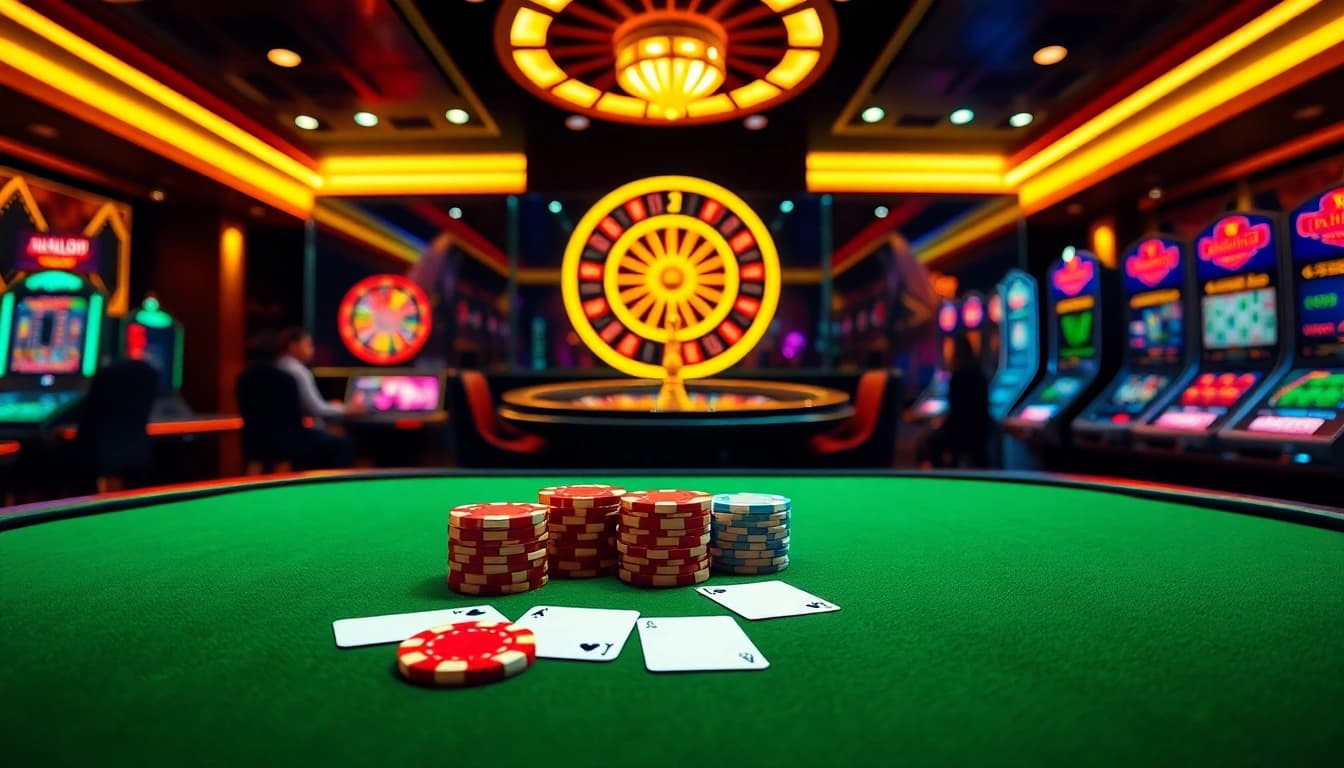 Engage in winning strategies at okfun.cn.com with a vibrant casino scene showcasing poker and roulette.