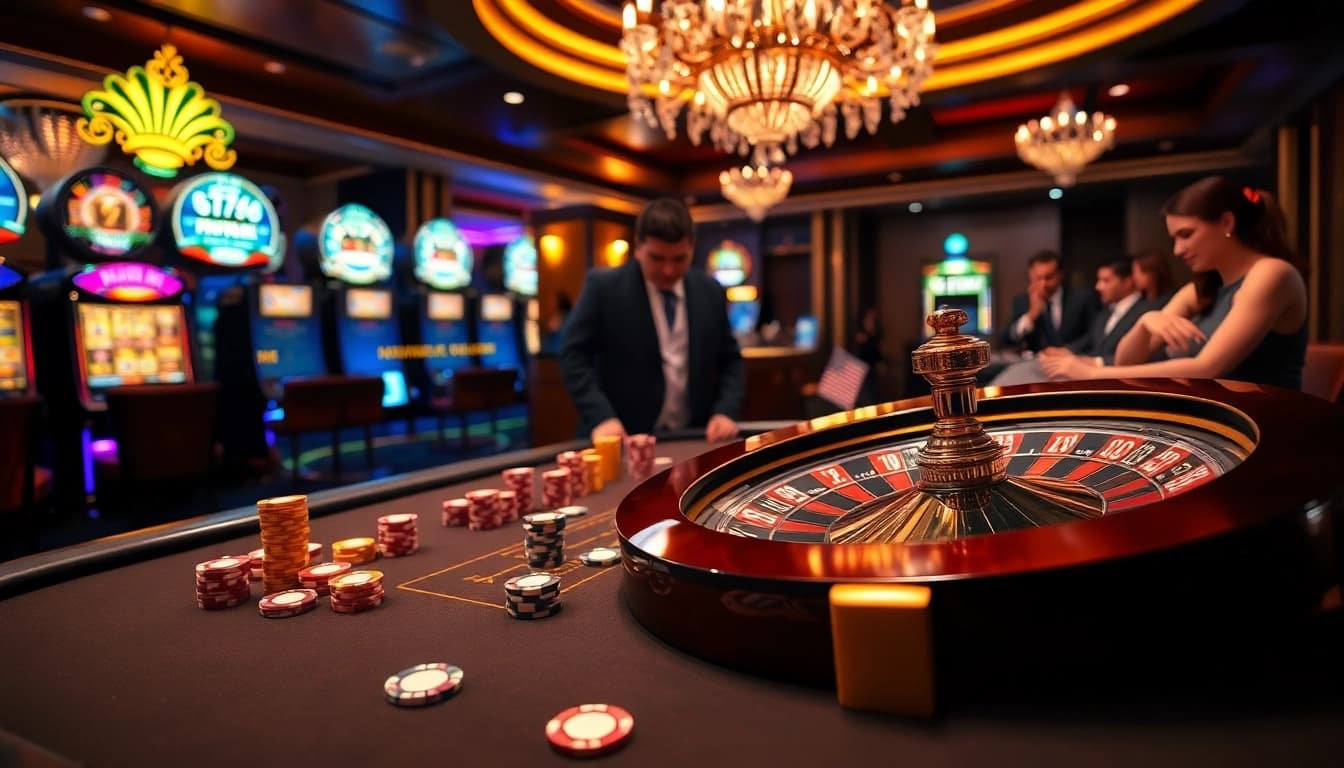 Experience thrilling gameplay at KP88 with vibrant slot machines and luxurious gaming tables.