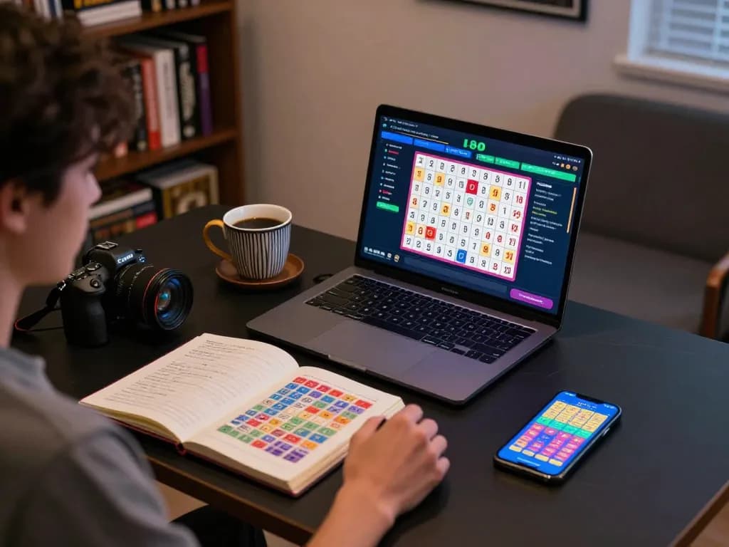 Engaging in lô đề gaming with a laptop and smartphone illustrating strategic betting notes and winning numbers.